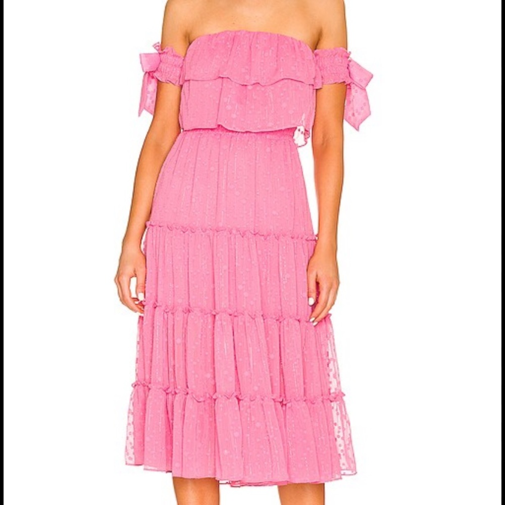 x revolve micaela dress in pink clip dot